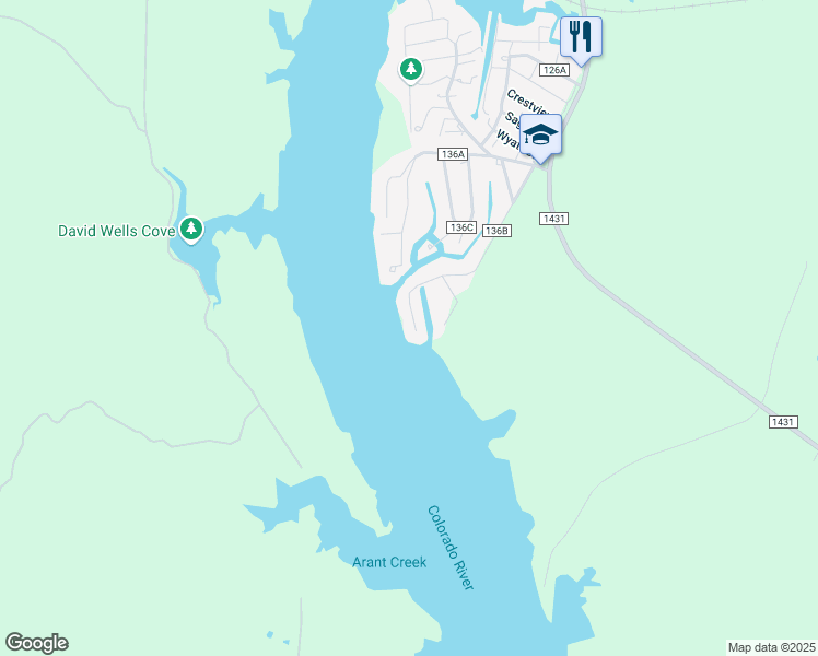 map of restaurants, bars, coffee shops, grocery stores, and more near 713 County Road 136B in Kingsland