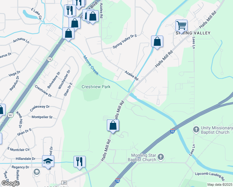 map of restaurants, bars, coffee shops, grocery stores, and more near 4164 Halls Mill Road in Mobile