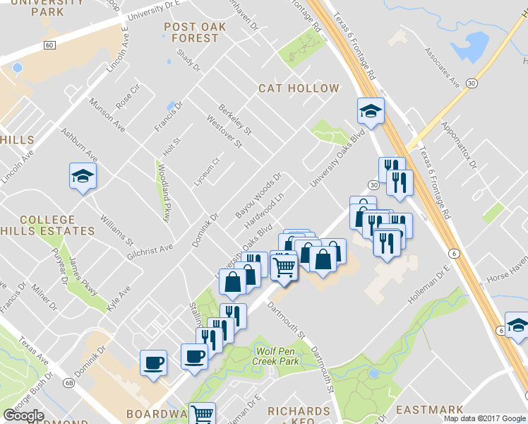 map of restaurants, bars, coffee shops, grocery stores, and more near 1111 Hardwood Lane in College Station