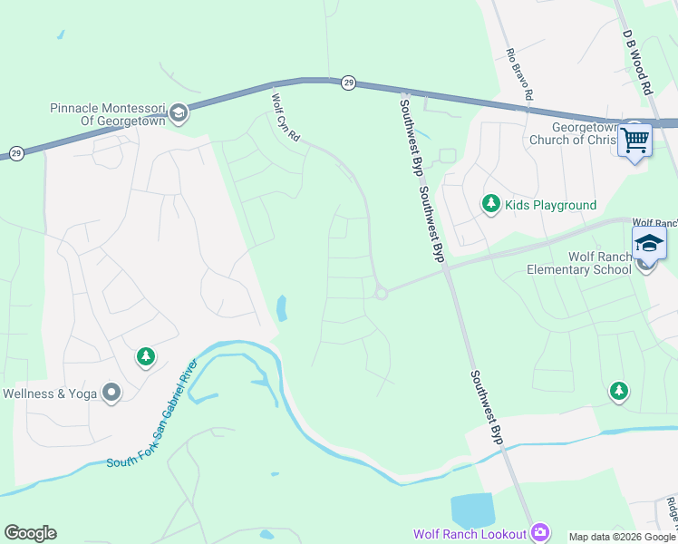 map of restaurants, bars, coffee shops, grocery stores, and more near 1832 Spring Mountain Cove in Georgetown