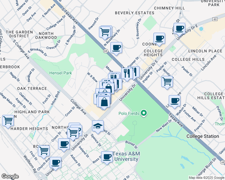 map of restaurants, bars, coffee shops, grocery stores, and more near 170 Century Square Drive in College Station