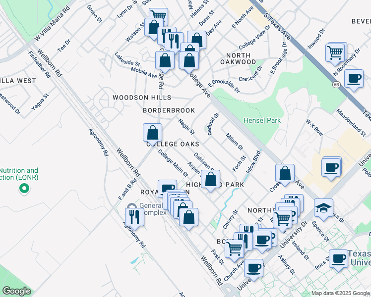 map of restaurants, bars, coffee shops, grocery stores, and more near 3900 Oaklawn Street in Bryan
