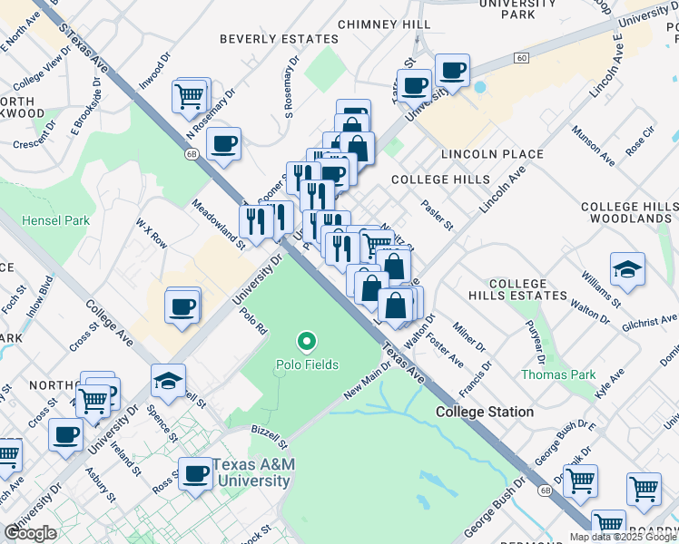 map of restaurants, bars, coffee shops, grocery stores, and more near 707 Texas Avenue in College Station