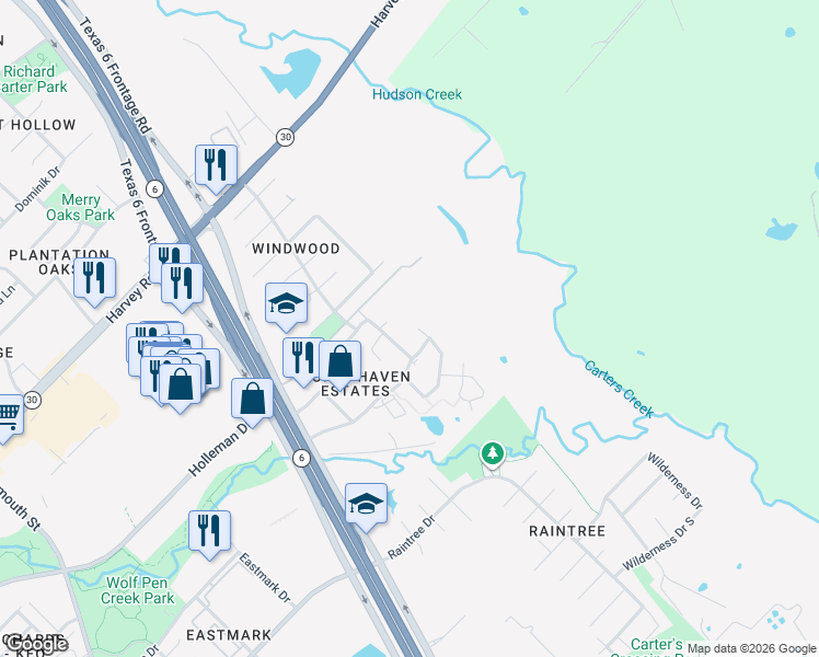 map of restaurants, bars, coffee shops, grocery stores, and more near 2919 Horseback Court in College Station