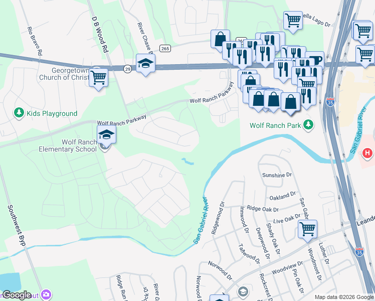 map of restaurants, bars, coffee shops, grocery stores, and more near 320 Arrowhead Mound Road in Georgetown