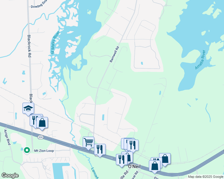 map of restaurants, bars, coffee shops, grocery stores, and more near 93081 Sandown Drive in Fernandina Beach