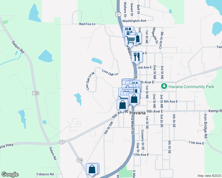 map of restaurants, bars, coffee shops, grocery stores, and more near 102 Greenway Drive in Havana