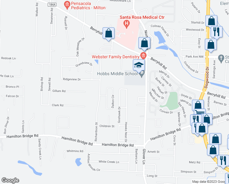 map of restaurants, bars, coffee shops, grocery stores, and more near 5312 Dalton Circle in Milton