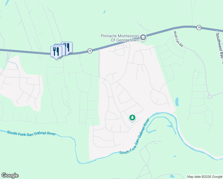 map of restaurants, bars, coffee shops, grocery stores, and more near Whisper Creek Drive in Georgetown