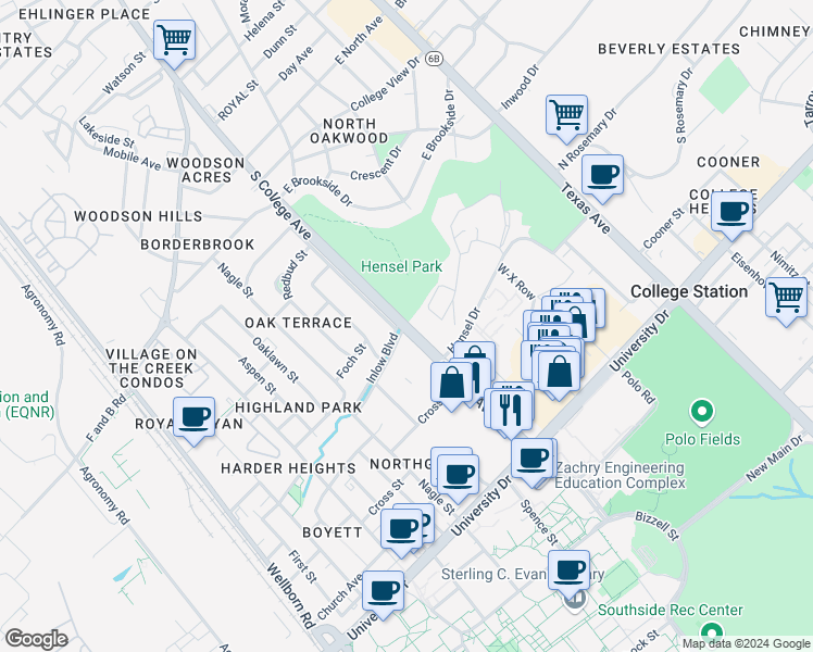 map of restaurants, bars, coffee shops, grocery stores, and more near in College Station