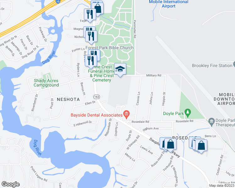 map of restaurants, bars, coffee shops, grocery stores, and more near 2051 Military Road in Mobile