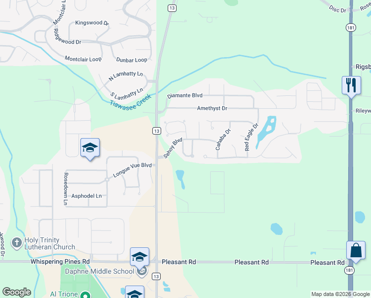 map of restaurants, bars, coffee shops, grocery stores, and more near 27580 Claiborne Circle in Daphne