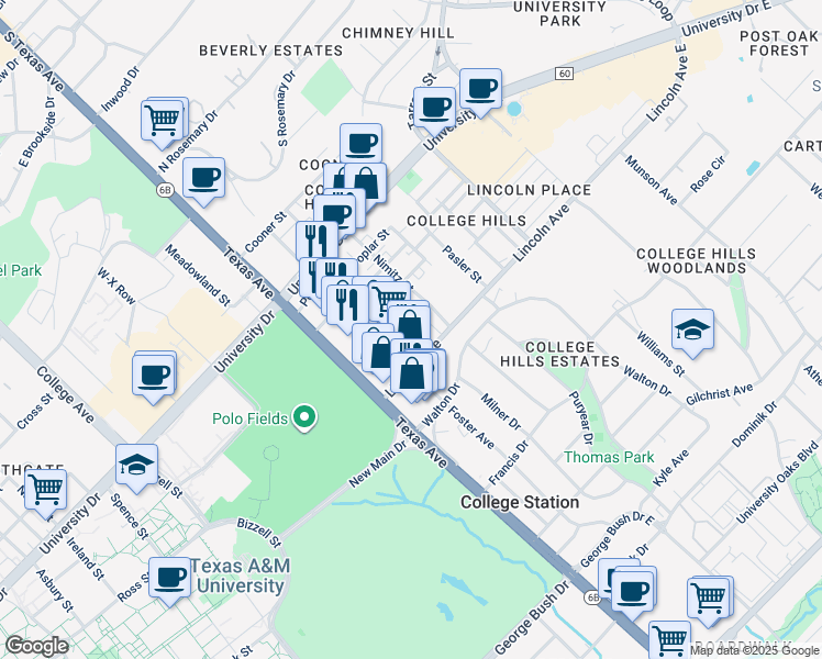 map of restaurants, bars, coffee shops, grocery stores, and more near 301 Lincoln Avenue in College Station
