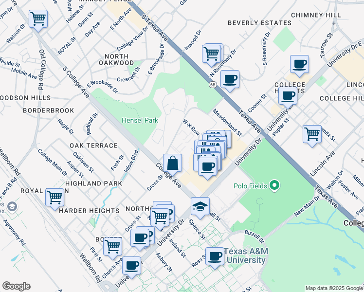 map of restaurants, bars, coffee shops, grocery stores, and more near 302 Ball Street in College Station