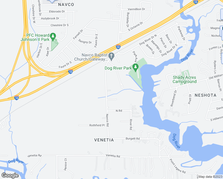 map of restaurants, bars, coffee shops, grocery stores, and more near 1805 Navco Road in Mobile