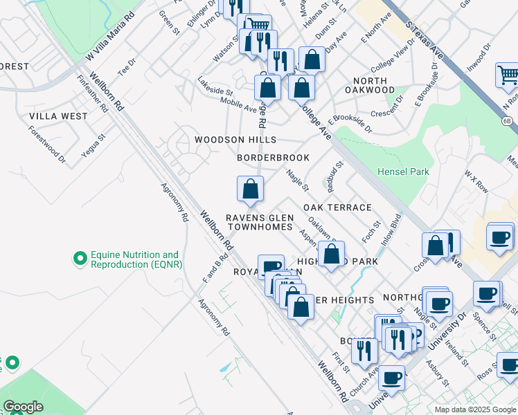 map of restaurants, bars, coffee shops, grocery stores, and more near 3701 College Main Street in Bryan