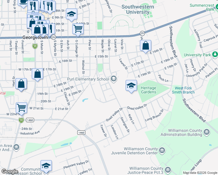 map of restaurants, bars, coffee shops, grocery stores, and more near 913 East 20th Street in Georgetown