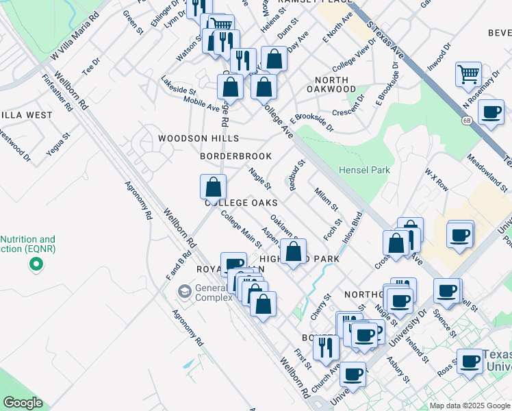 map of restaurants, bars, coffee shops, grocery stores, and more near 3900 Oaklawn Street in Bryan