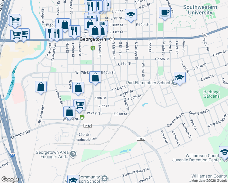 map of restaurants, bars, coffee shops, grocery stores, and more near 1816 Eubank Street in Georgetown