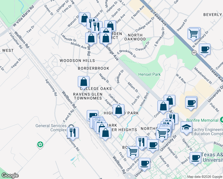 map of restaurants, bars, coffee shops, grocery stores, and more near 4108 Nagle Street in Bryan