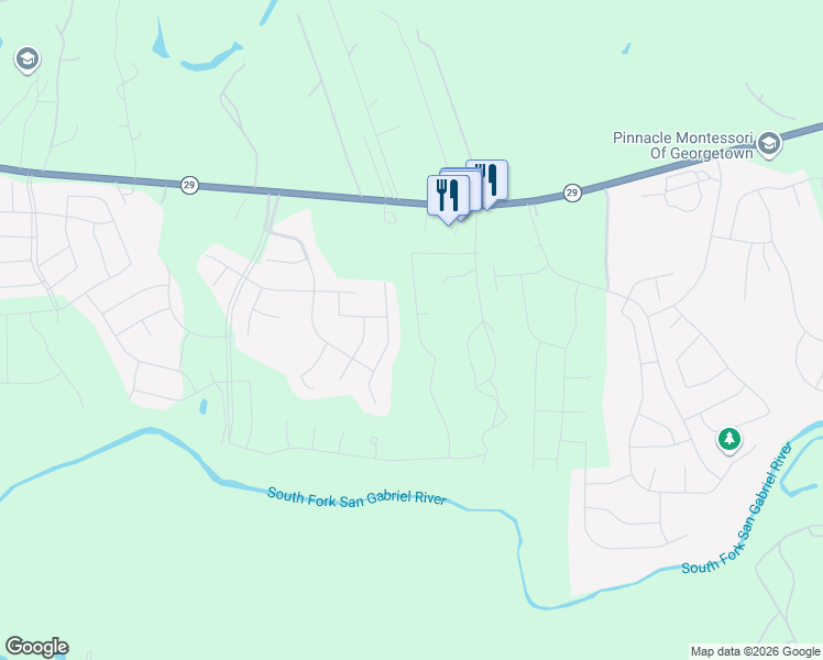 map of restaurants, bars, coffee shops, grocery stores, and more near 3608 Emerald Lake Path in Georgetown