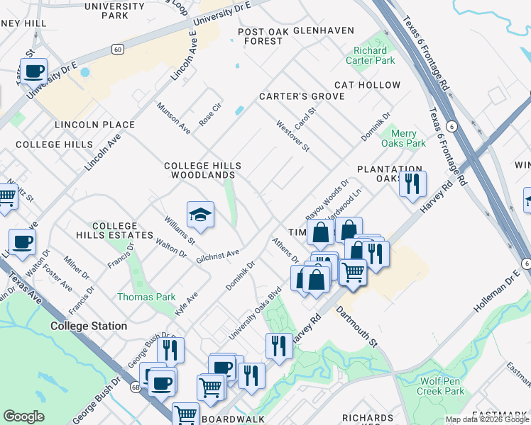 map of restaurants, bars, coffee shops, grocery stores, and more near 1218 Munson Avenue in College Station