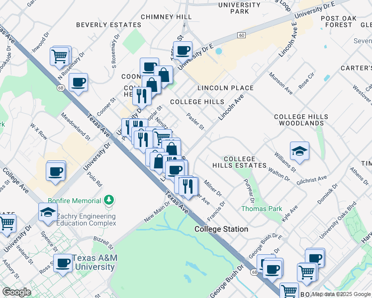 map of restaurants, bars, coffee shops, grocery stores, and more near 828 Nimitz Street in College Station