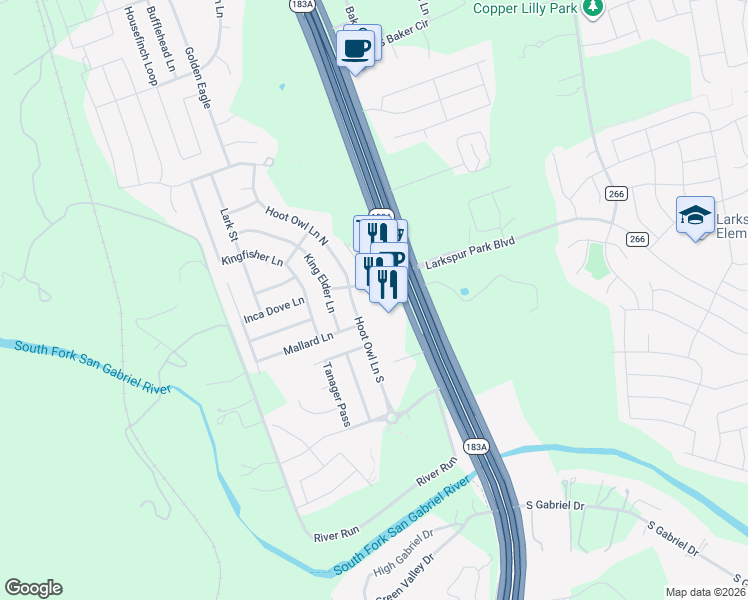 map of restaurants, bars, coffee shops, grocery stores, and more near 105 Whitewing Drive in Leander