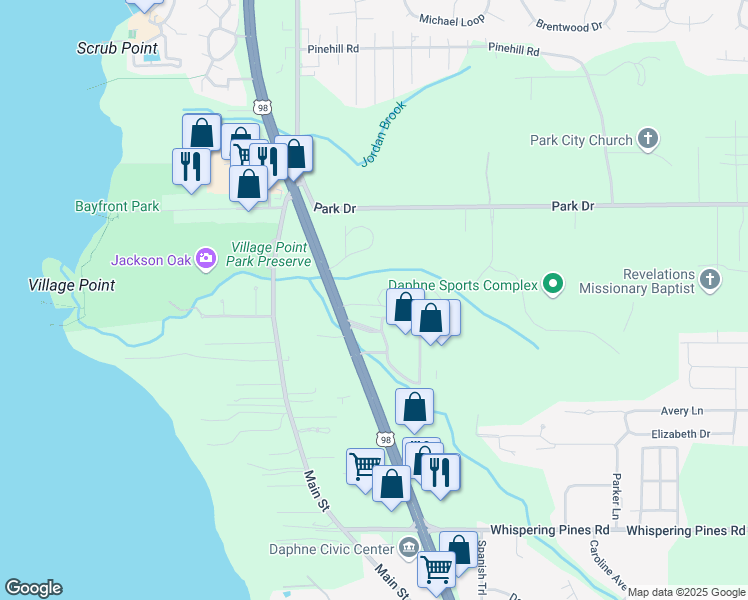 map of restaurants, bars, coffee shops, grocery stores, and more near 3 Summer Oaks Drive in Daphne