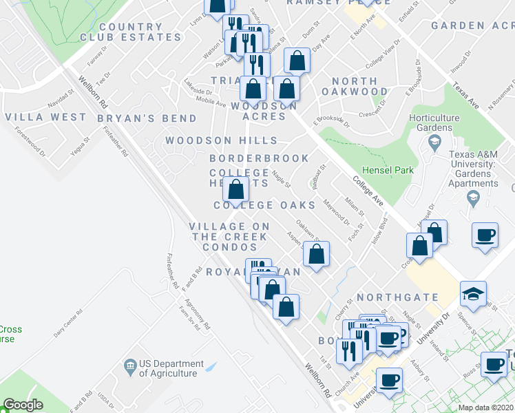 map of restaurants, bars, coffee shops, grocery stores, and more near 600 Woodson Drive in Bryan