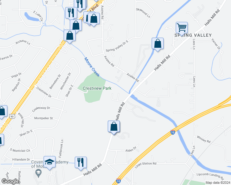 map of restaurants, bars, coffee shops, grocery stores, and more near 4164 Halls Mill Road in Mobile