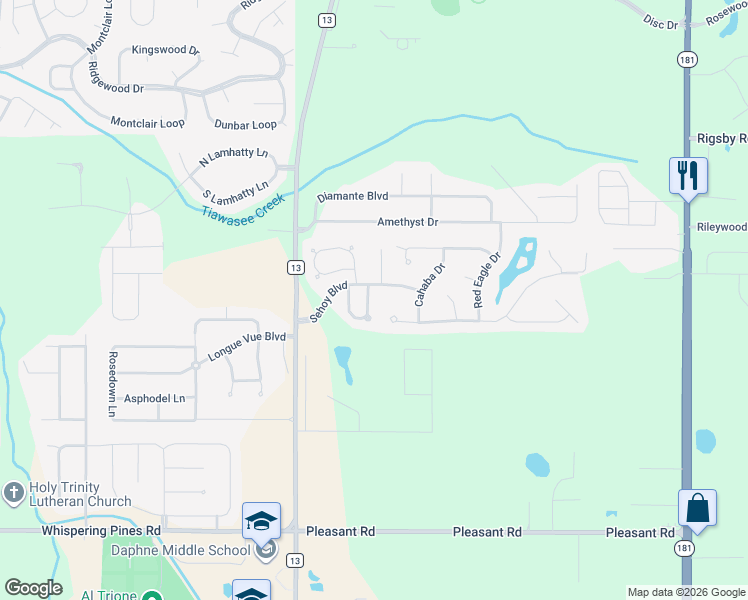 map of restaurants, bars, coffee shops, grocery stores, and more near 27529 Claiborne Cir in Daphne