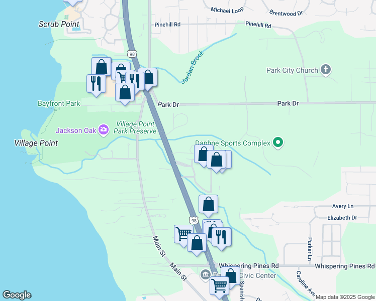 map of restaurants, bars, coffee shops, grocery stores, and more near 3 Summer Oaks Drive in Daphne