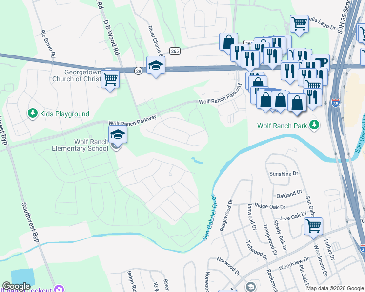 map of restaurants, bars, coffee shops, grocery stores, and more near 252 Arrowhead Mound Road in Georgetown