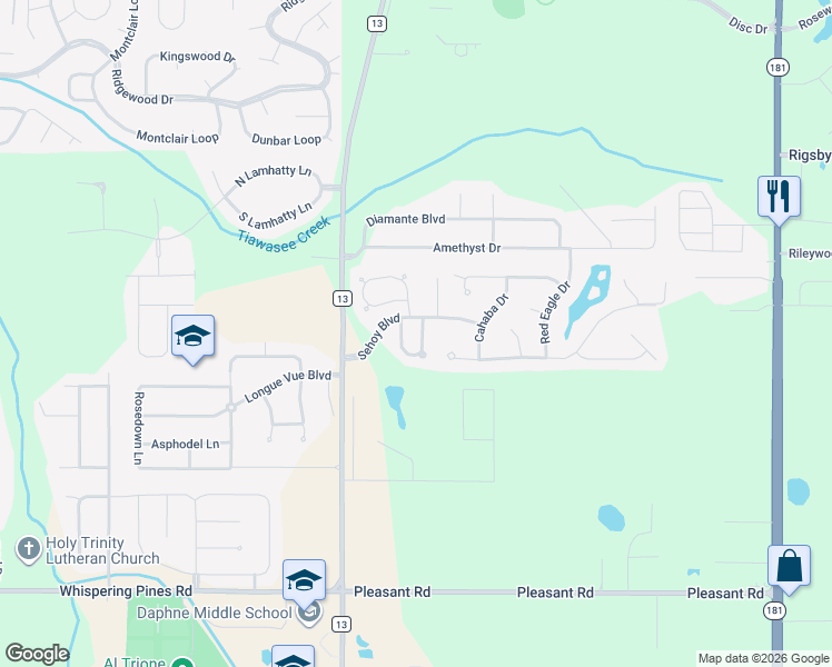 map of restaurants, bars, coffee shops, grocery stores, and more near 27529 Claiborne Circle in Daphne