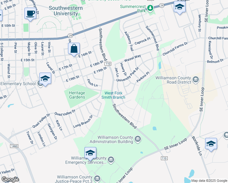 map of restaurants, bars, coffee shops, grocery stores, and more near 2007 Olin Cove in Georgetown