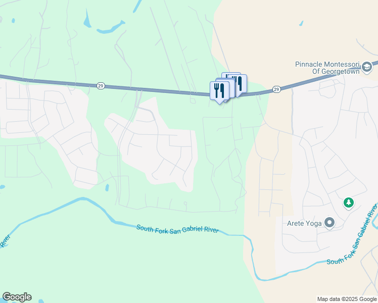 map of restaurants, bars, coffee shops, grocery stores, and more near 104 Cibolo Ridge Drive in Georgetown