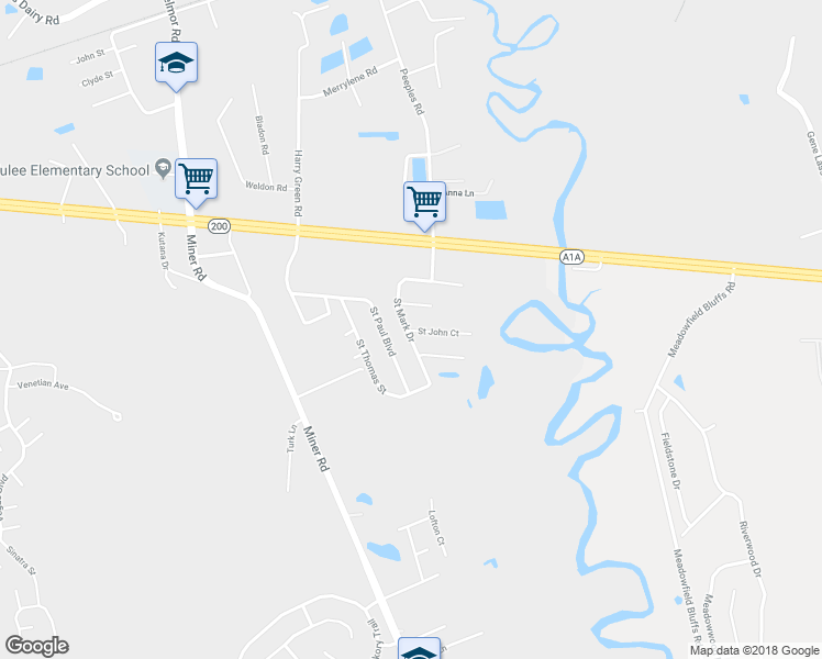 map of restaurants, bars, coffee shops, grocery stores, and more near 2217 Saint John Court in Yulee