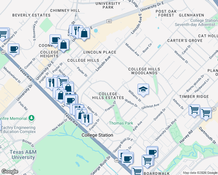 map of restaurants, bars, coffee shops, grocery stores, and more near 1024 Walton Drive in College Station
