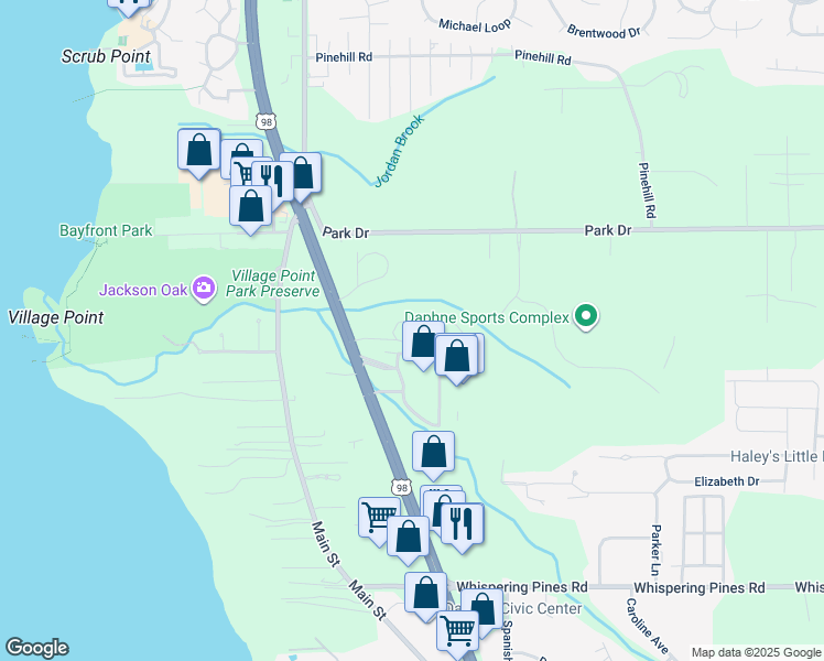 map of restaurants, bars, coffee shops, grocery stores, and more near 57 Summer Oaks Drive in Daphne