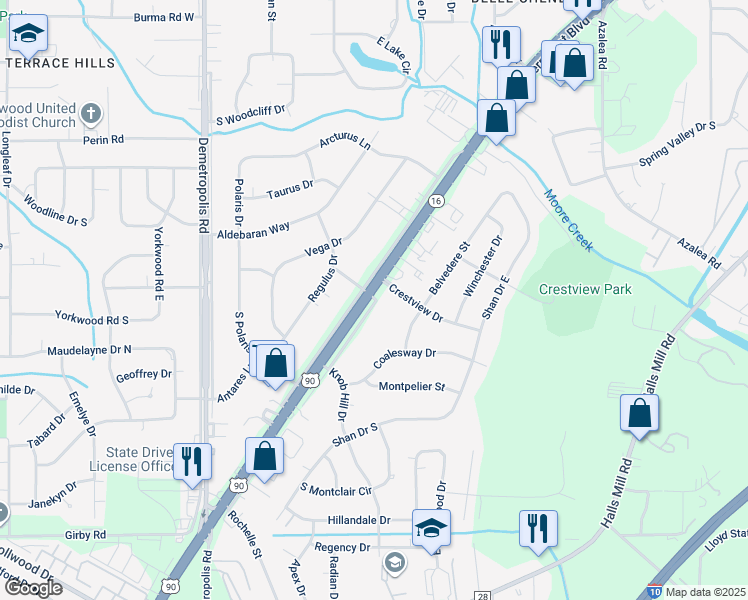 map of restaurants, bars, coffee shops, grocery stores, and more near 4250-4260 Government Boulevard in Mobile