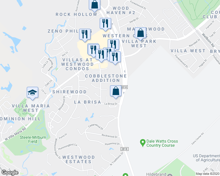 map of restaurants, bars, coffee shops, grocery stores, and more near 2000 Monito Way in Bryan