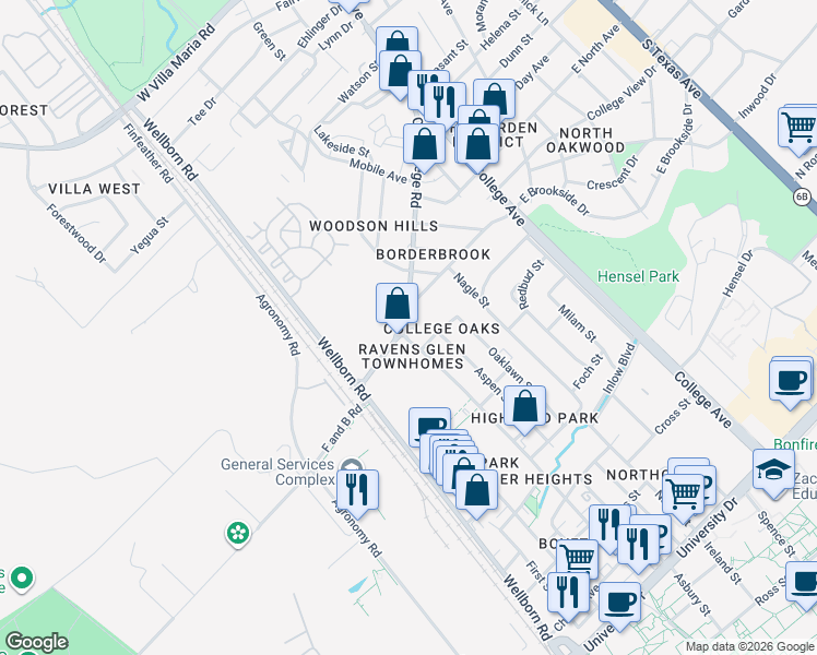 map of restaurants, bars, coffee shops, grocery stores, and more near 4400 Old College Road in Bryan
