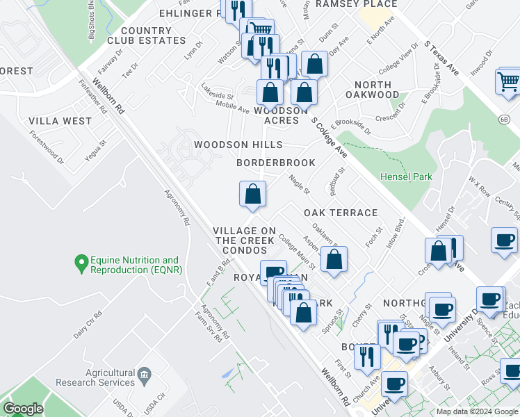 map of restaurants, bars, coffee shops, grocery stores, and more near 4311 Old College Road in Bryan