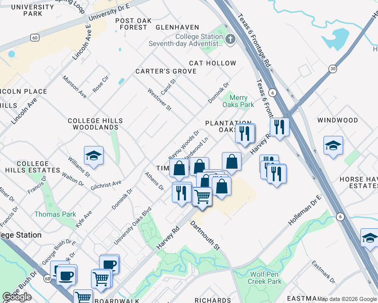 map of restaurants, bars, coffee shops, grocery stores, and more near 1201 Hardwood Lane in College Station