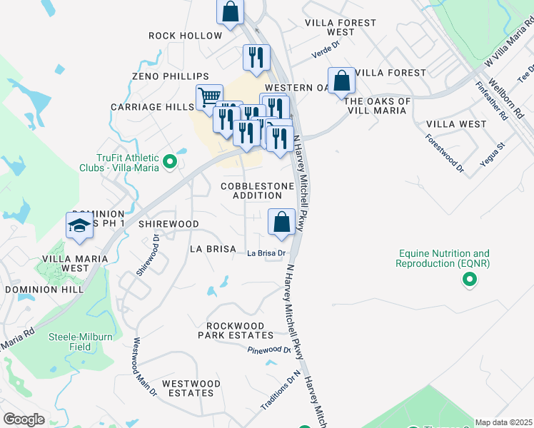 map of restaurants, bars, coffee shops, grocery stores, and more near 2000 Monito Way in Bryan