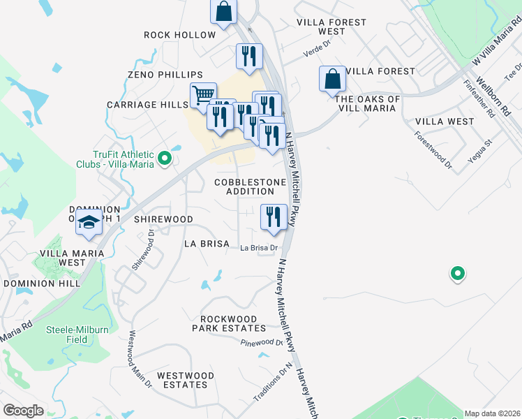 map of restaurants, bars, coffee shops, grocery stores, and more near 2000 Monito Way in Bryan