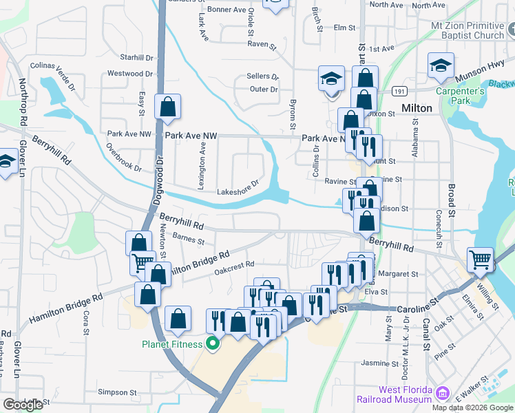map of restaurants, bars, coffee shops, grocery stores, and more near 5318 Lakewood Drive in Milton