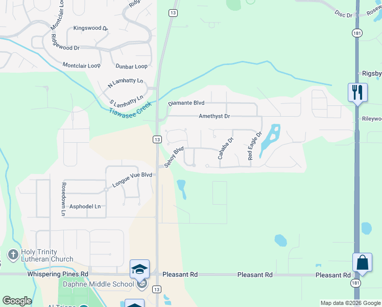 map of restaurants, bars, coffee shops, grocery stores, and more near 27529 Claiborne Circle in Daphne