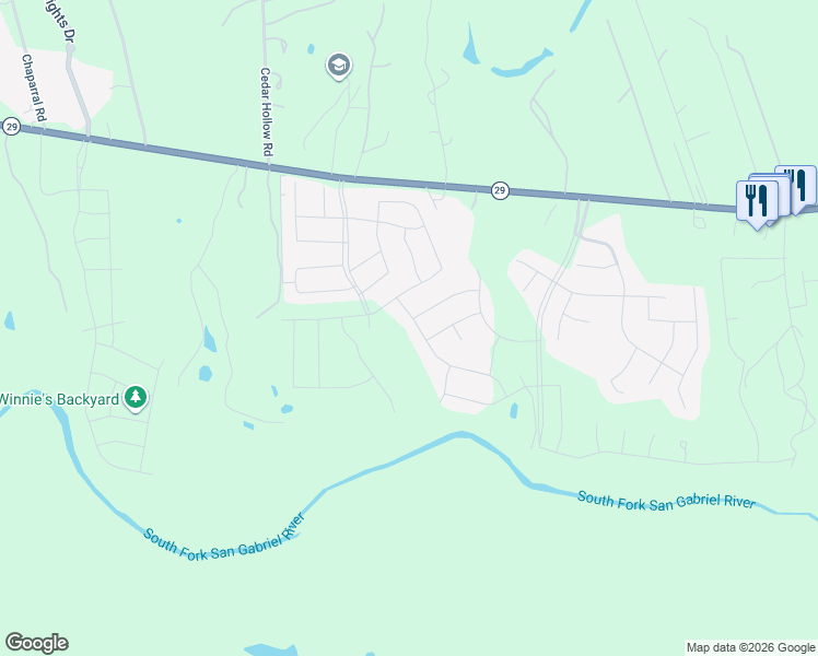 map of restaurants, bars, coffee shops, grocery stores, and more near 153 High Plains Drive in Georgetown
